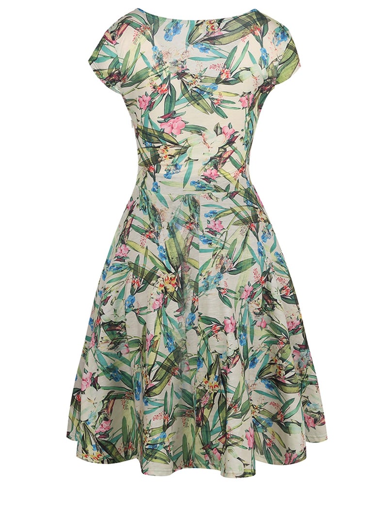oxiuly Women's V-Neck Cap Sleeve Floral Casual Work Cocktail Swing Dress OX233 (M, Light Green) - Image 3